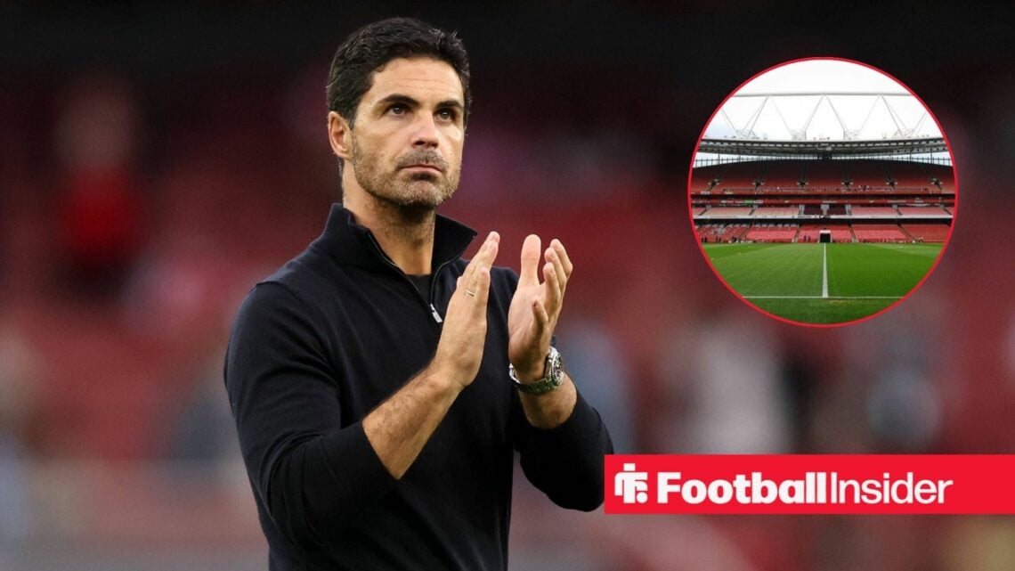 Arsenal boss Mikel Arteta clapping with the Emirates inset