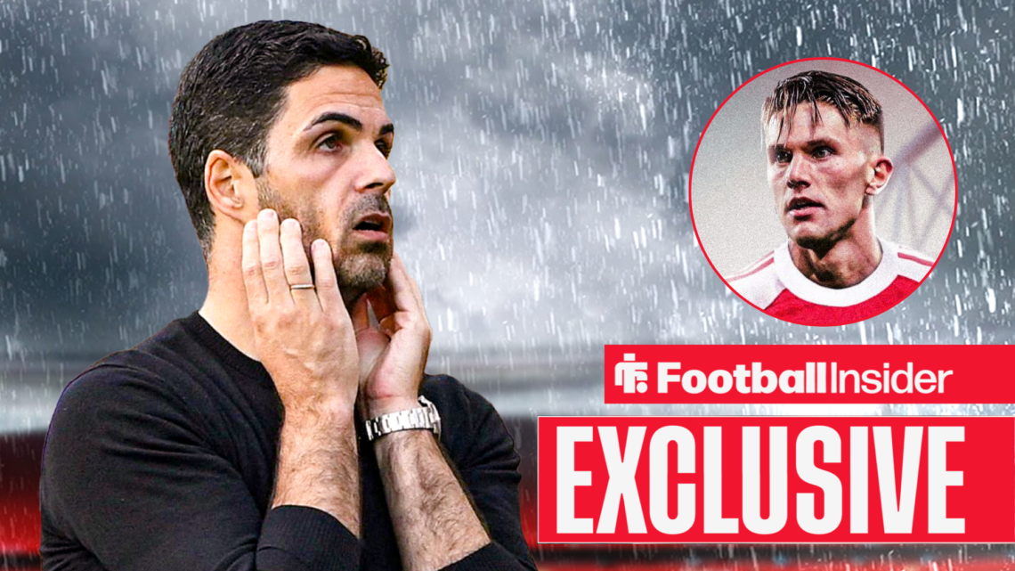 Mikel Arteta in the rain, Viktor Gyokeres in a circular inset