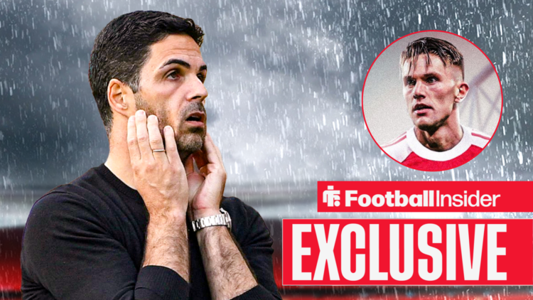Mikel Arteta in the rain, Viktor Gyokeres in a circular inset