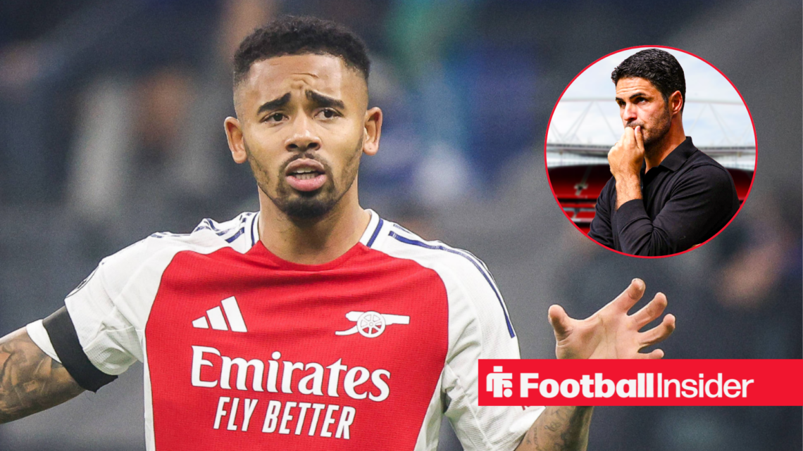 Gabriel Jesus in an Arsenal shirt, Mikel Arteta in a circular inset