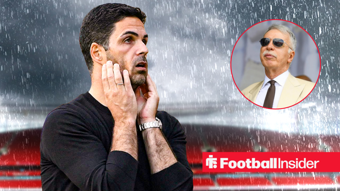 Mikel Arteta looking sad with Stan Kroenke included in a circular inset