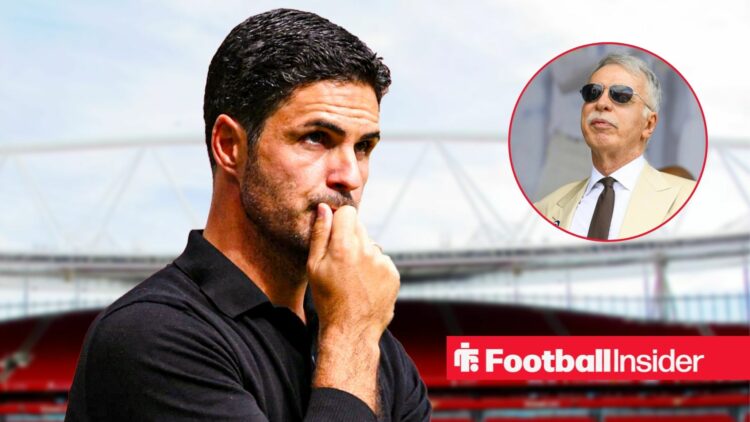 Stan Kroenke in sunglasses with Mikel Arteta included in a circular inset