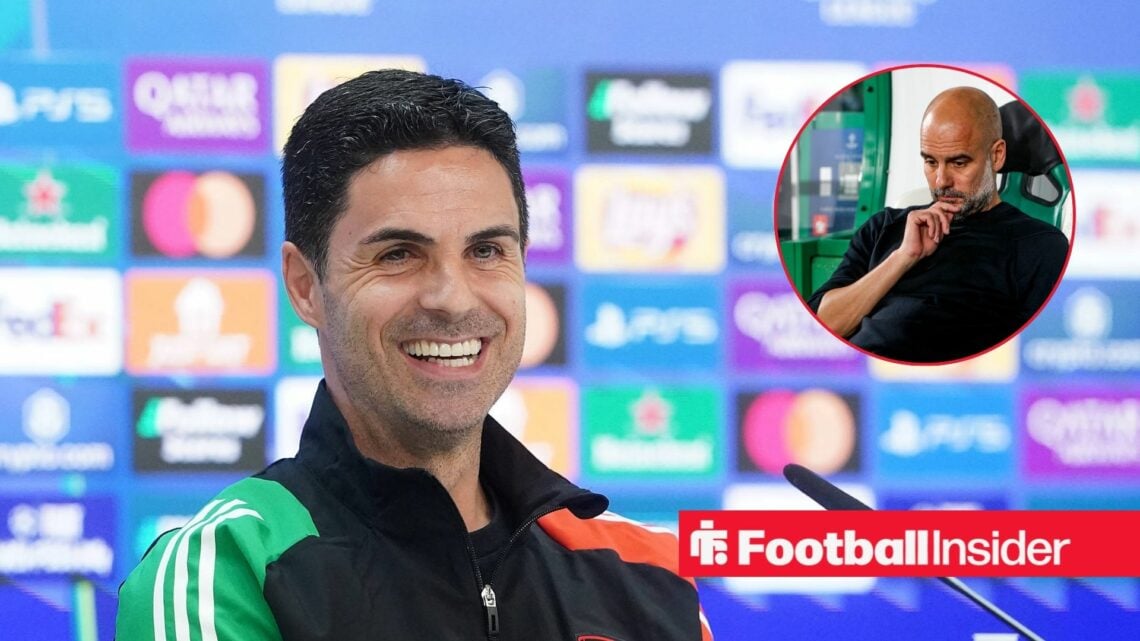 Mikel Arteta smiling in a black tracksuit and Pep Guardiola in inset