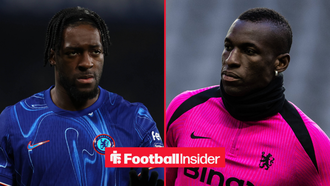 Axel Disasi focused on the left for Chelsea with Nicolas Jackson in pink on the right