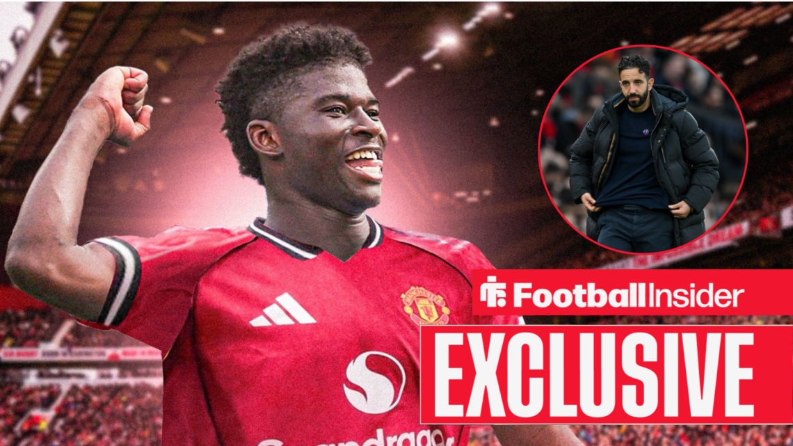 Carlos Baleba in a Man United shirt, Ruben Amorim in a circular inset