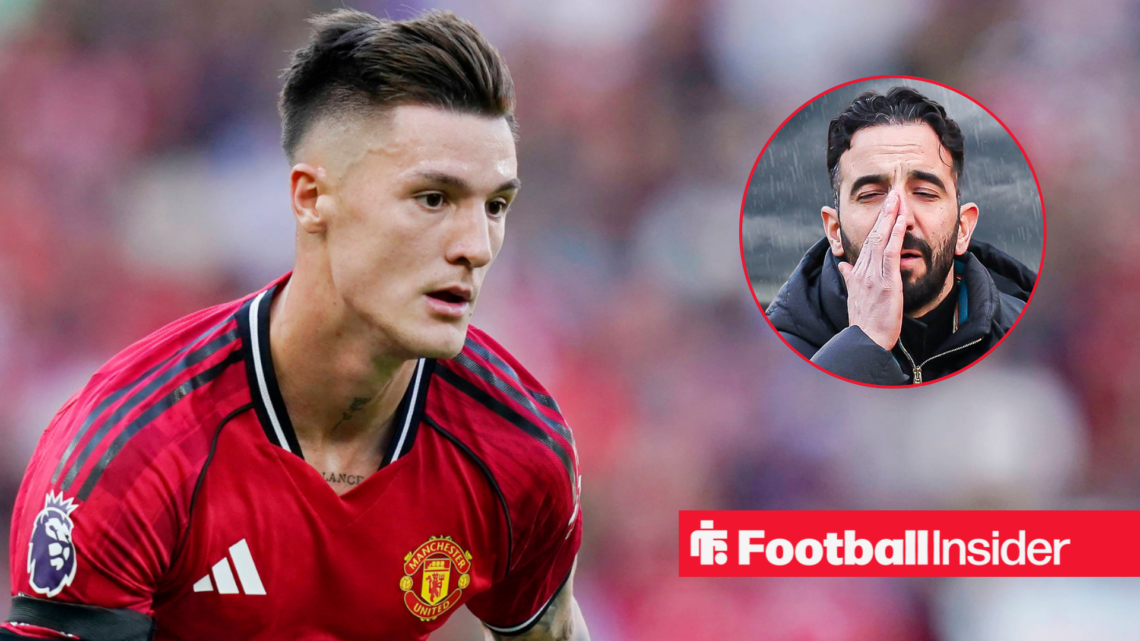 Benjamin Sesko in action for Man United looking at an upset manager Ruben Amorim with his hand to his face