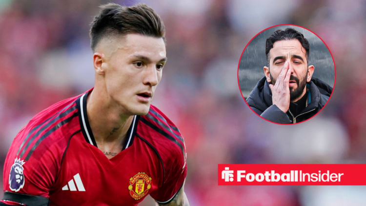 Benjamin Sesko in action for Man United looking at an upset manager Ruben Amorim with his hand to his face