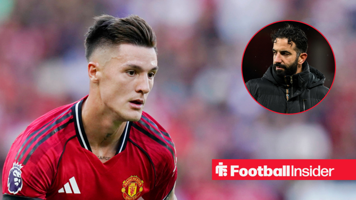 Benjamin Sesko in a Manchester United shirt next to an image of Ruben Amorim
