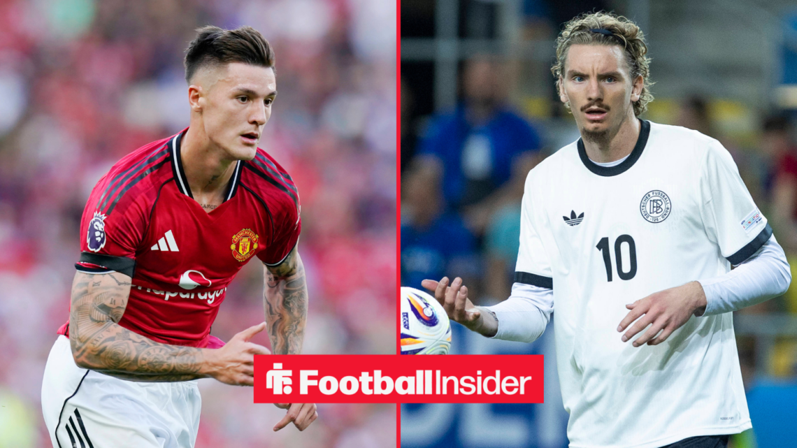 Benjamin Sesko in a red Man United kit and Nick Woltemade in a white Germany kit
