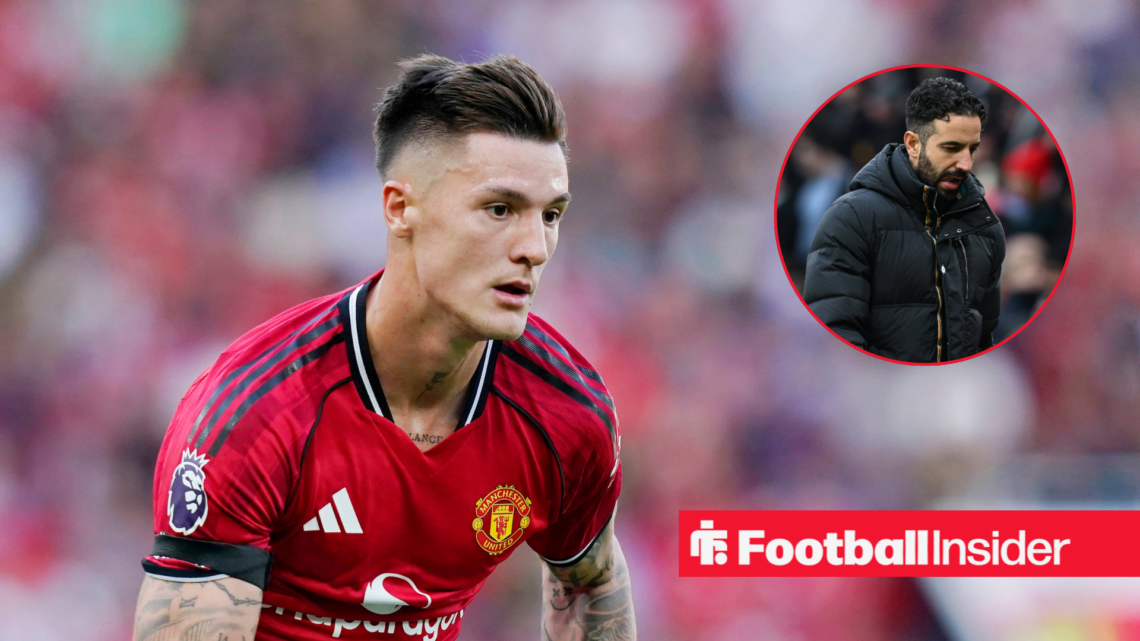 Benjamin Sesko in a red Manchester United kit and Ruben Amorim in a black coat in a red circle
