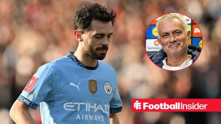 Bernardo Silva looking upset with Jose Mourinho included in a circular inset