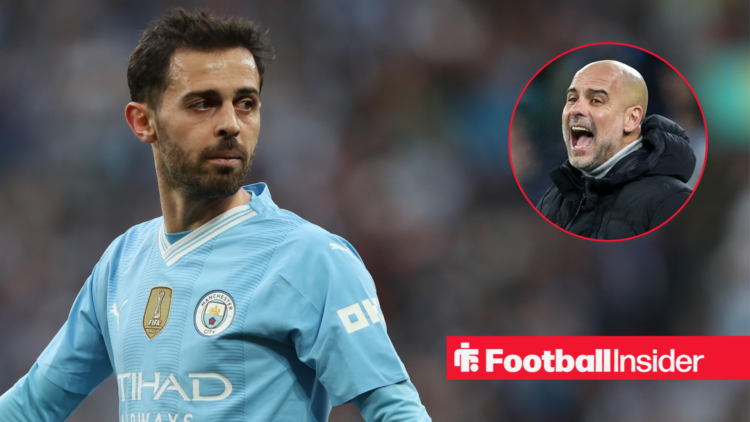 Manchester City midfielder Bernardo Silva alongside a circular inset of Pep Guardiola