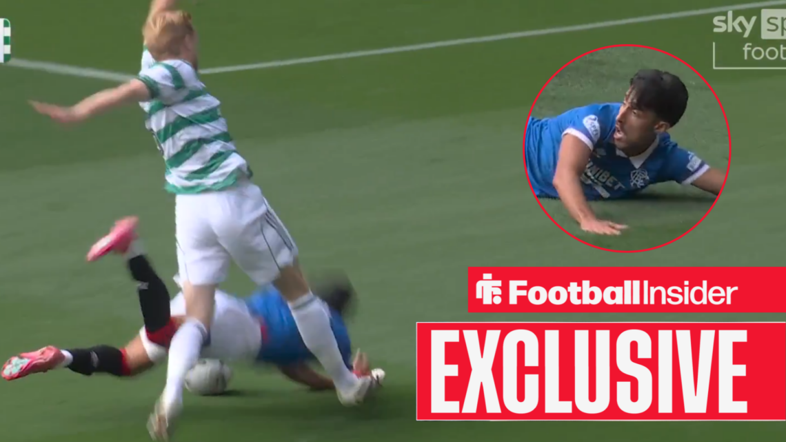 Bojan Miovski clashes with Liam Scales in Old Firm derby, Miovski calling for penalty in circular inset