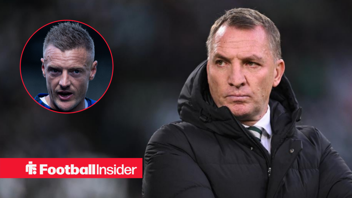 Celtic manager Brendan Rodgers, alongside a circular inset of Jamie Vardy
