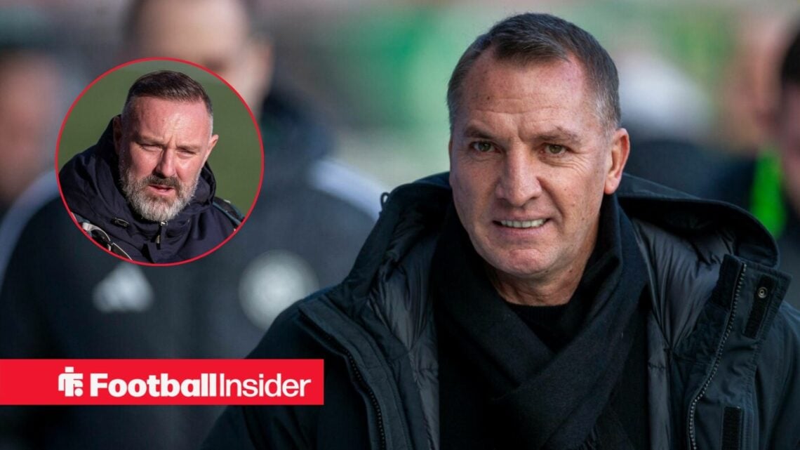 Celtic manager Brendan Rodgers smiling with pundit Kris Boyd looking ahead left inset