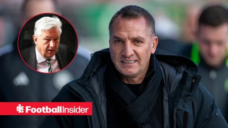 Brendan Rodgers smiling with Peter Lawwell included in a circular inset