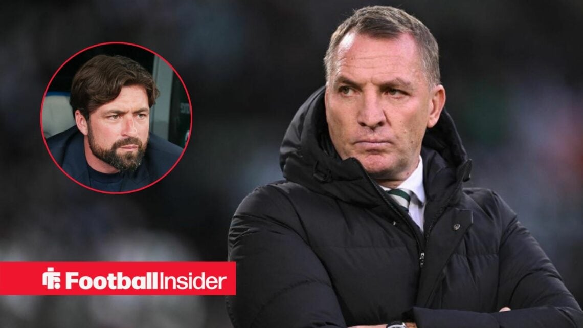 Celtic boss Brendan Rodgers looking at Rangers boss Russell Martin left inset