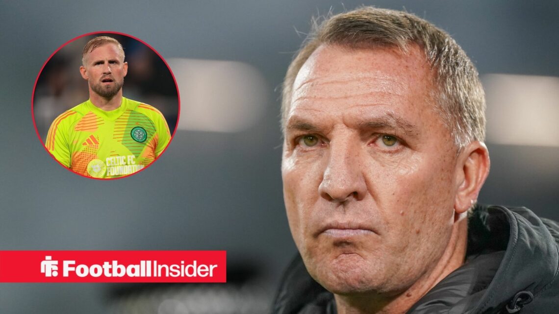 Brendan Rodgers looking in a black jacket and Kasper Schmeichel in inset