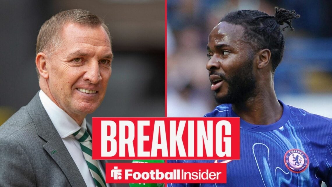 Brendan Rodgers on the left smiling with a focused Raheem Sterling on the right with a BREAKING banner in between the pair