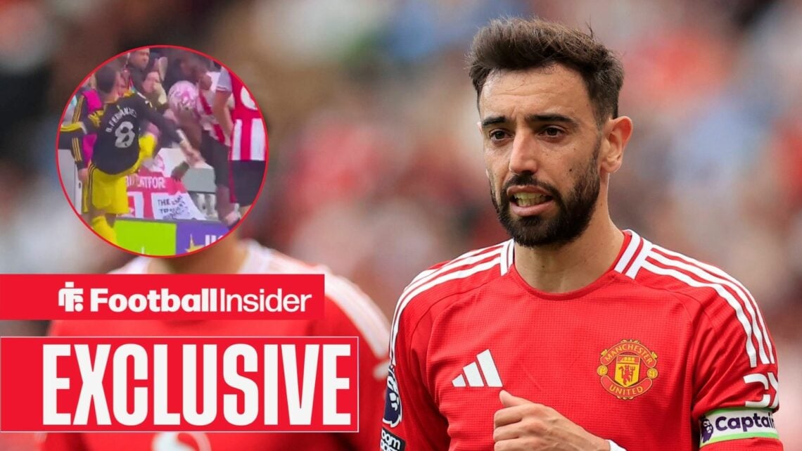 Bruno Fernandes in a Man United kit, his challenge on Dango Ouattara in a circular inset