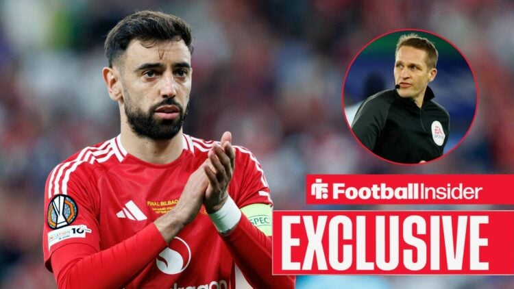 Bruno Fernandes clapping, Craig Pawson in a circular inset