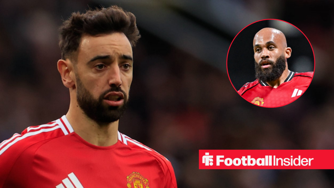 Bruno Fernandes in Man United shirt with Bryan Mbeumo