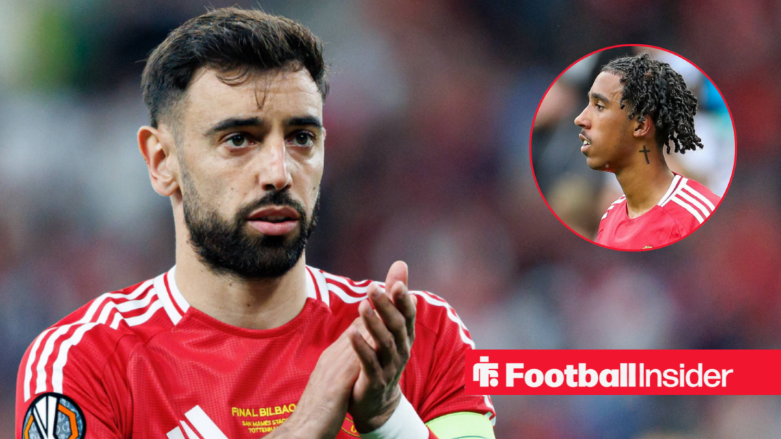 Bruno Fernandes in Man United home shirt with Leny Yoro inset