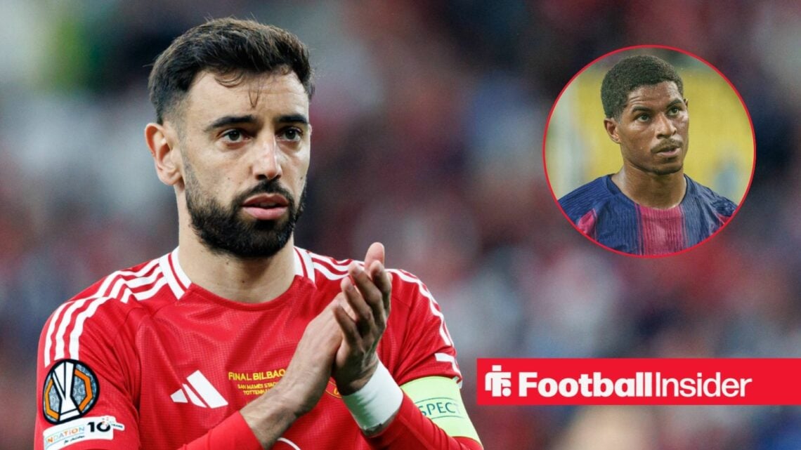 Bruno Fernandes applauding with Marcus Rashford in Barcelona shirt inset