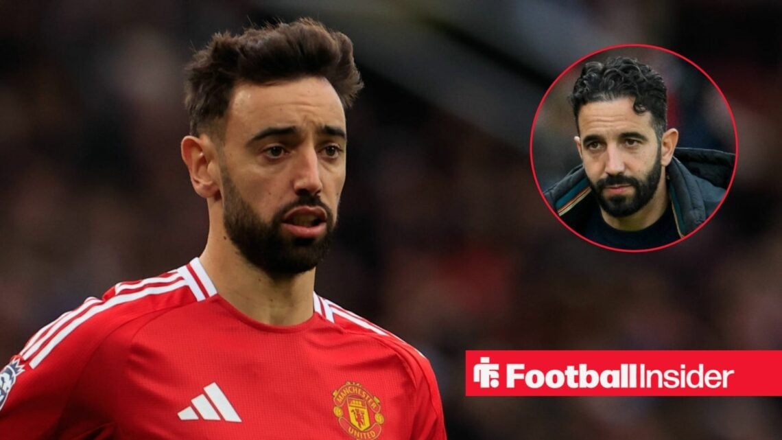 Bruno Fernandes in home Man United shirt with Ruben Amorim as inset