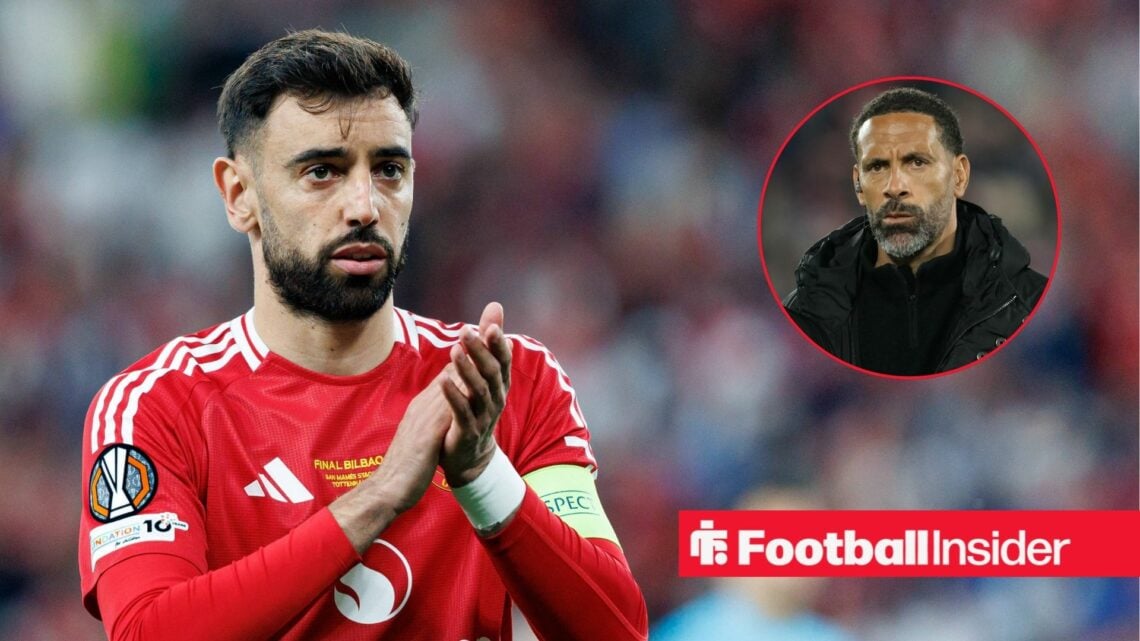 Bruno Fernandes clapping in a Man United kit, Rio Ferdinand in a circular inset