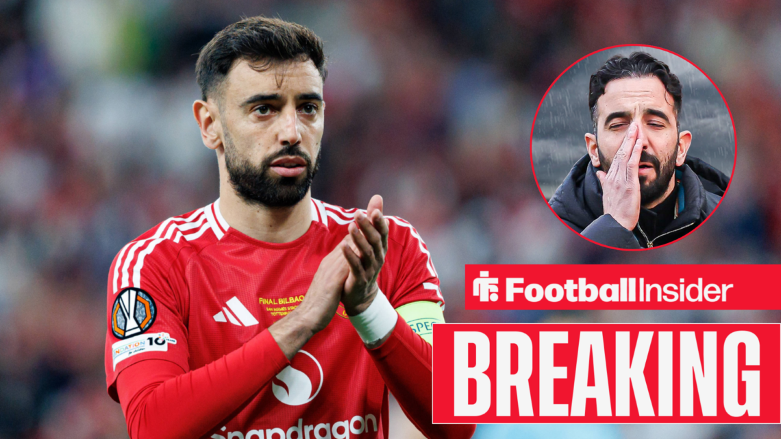 Bruno Fernandes applauding fans, with Ruben Amorim in a circular inset