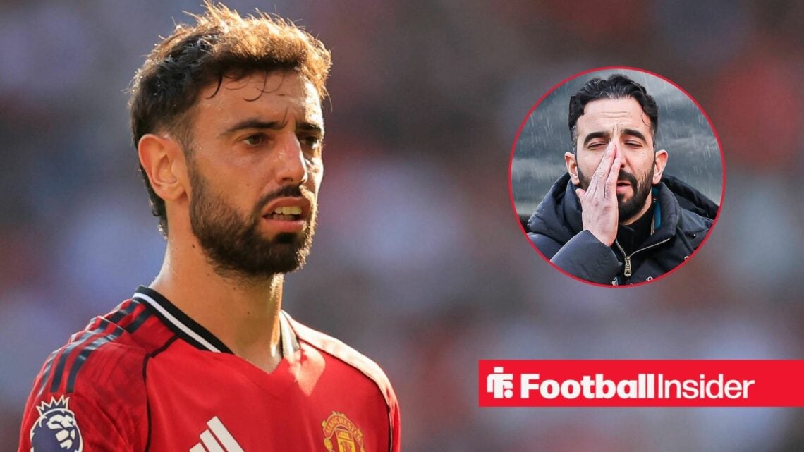 Man United's Bruno Fernandes looking confused in action at manager Ruben Amorim who looks upset
