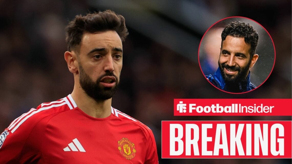 Bruno Fernandes focused on the left with a smiling Ruben Amorim on the right above a BREAKING banner