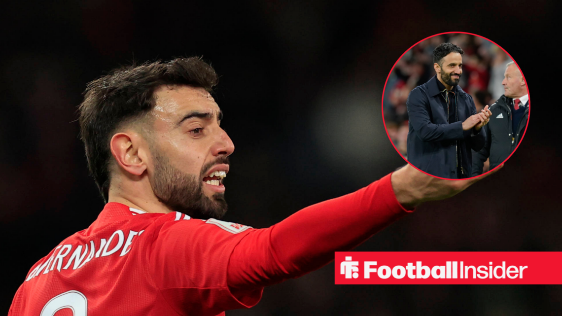 Bruno Fernandes in a red Man United shirt and Ruben Amorim in a black jacket in a red circle