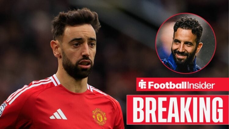 Bruno Fernandes focused on the left with a smiling Ruben Amorim on the right above a BREAKING banner