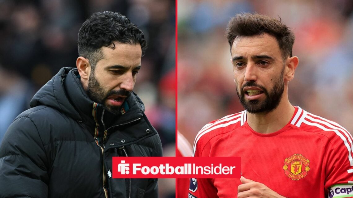 Ruben Amorim disappointed on the left with a grimacing Bruno Fernandes on the right