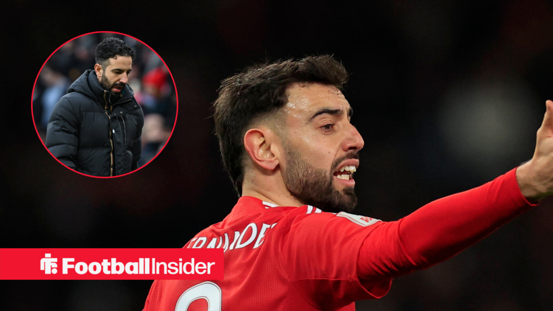 Bruno Fernandes in a red Manchester United kit and Ruben Amorim in a black coat in a red circle