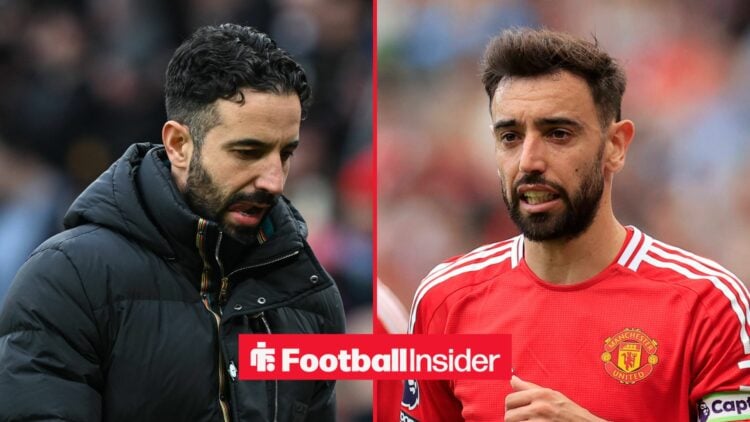 Ruben Amorim disappointed on the left with a grimacing Bruno Fernandes on the right