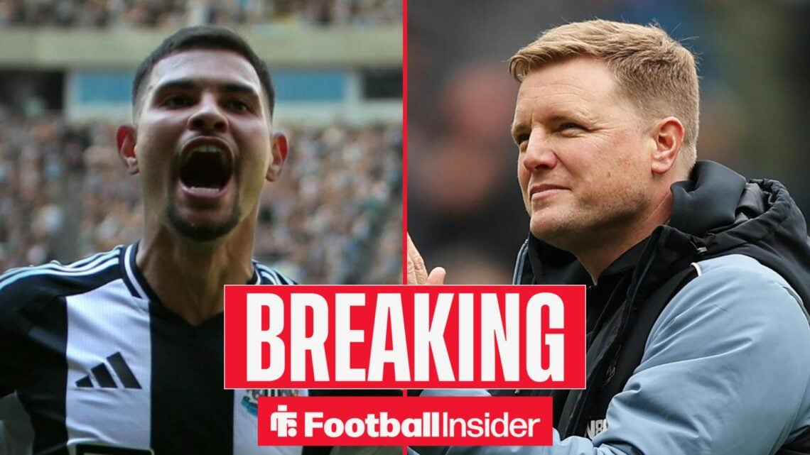 Bruno Guimaraes celebrating at St James' Park, with Eddie Howe applauding