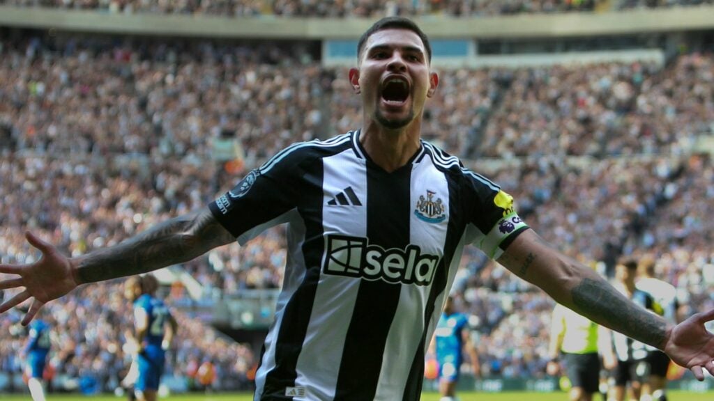 Bruno Guimaraes celebrating a goal for Newcastle at St James' Park