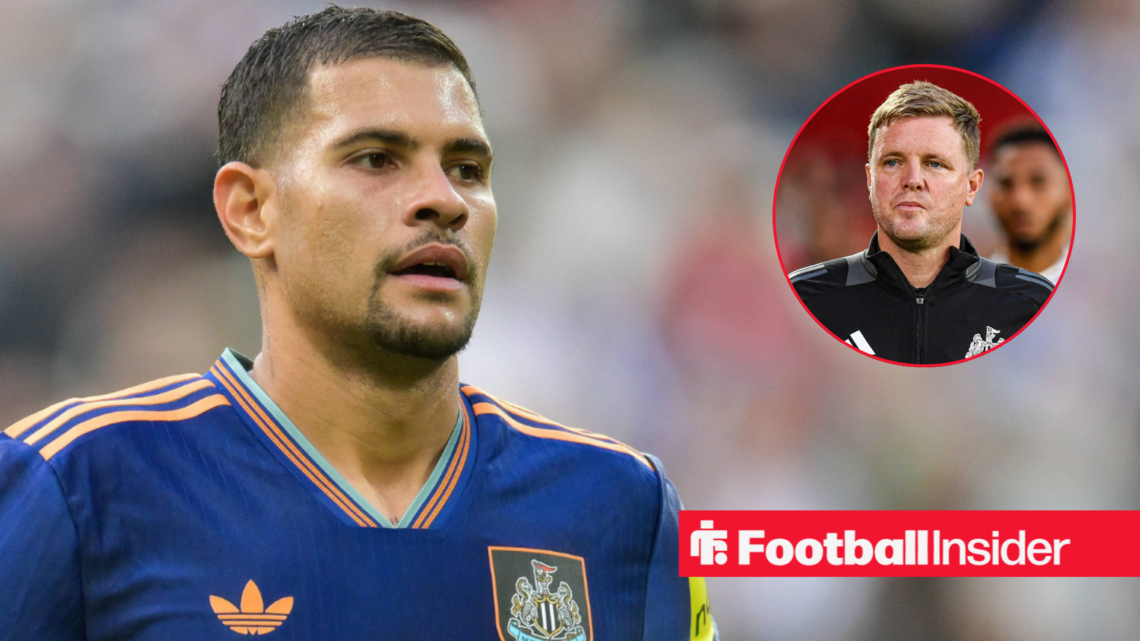 Bruno Guimaraes in blue Newcastle shirt with Eddie Howe inset