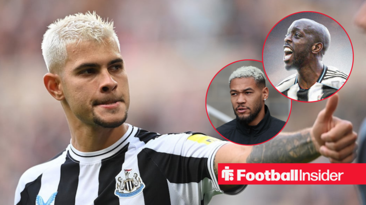 Bruno Guimaraes in Newcastle shirt with Joelinton and Yoane Wissa insets