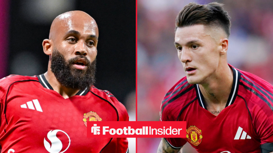Man United strikers Bryan Mbeumo and Benjamin Sesko both in action looking at each other