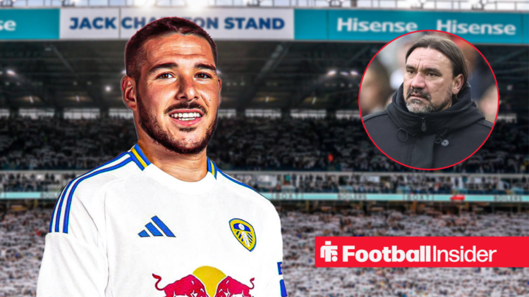 Emi Buendia in a Leeds shirt, Daniel Farke in a circular inset