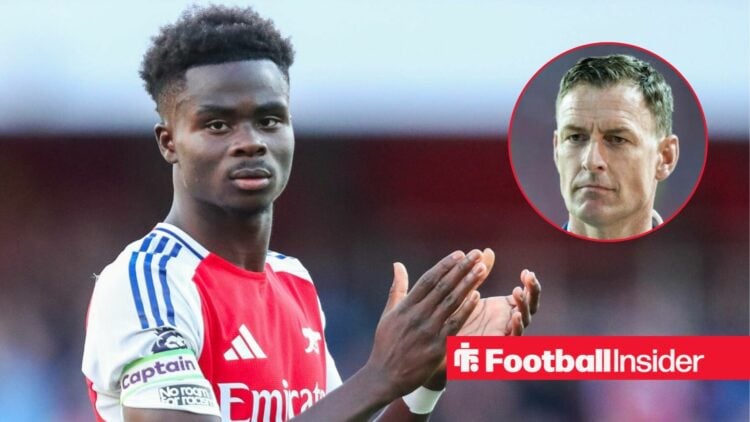 Arsenal forward Bukayo Saka alongside a circular inset of Chris Sutton