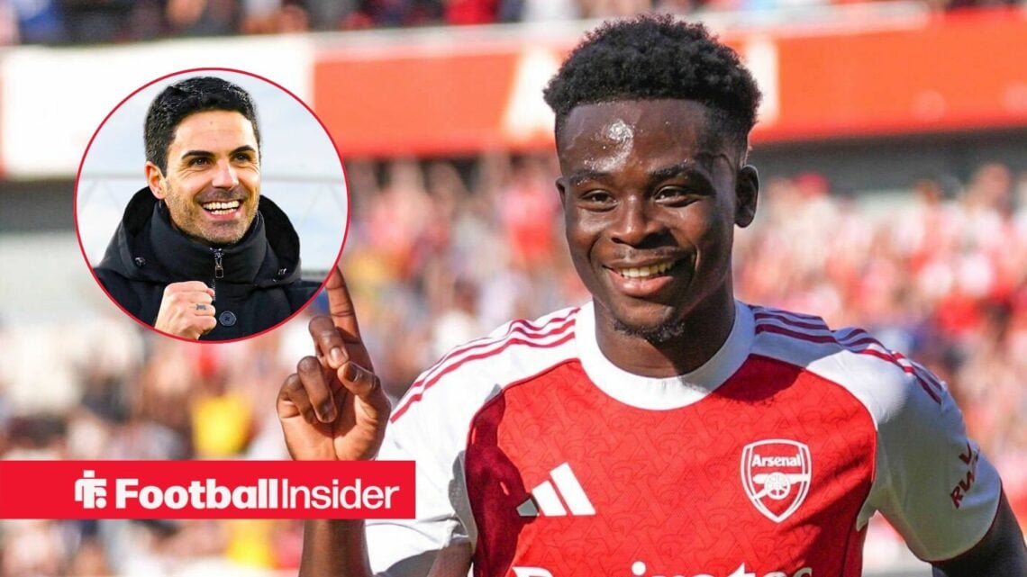 Arsenal's Bukayo Saka celebrating with Mikel Arteta smiling left inset