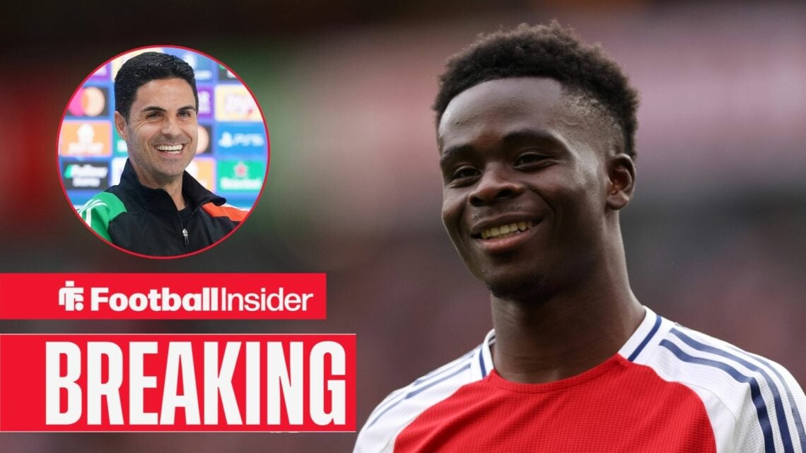 Bukayo Saka smiling in an Arsenal shirt, Mikel Arteta in a circular inset