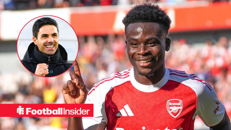 Arsenal's Bukayo Saka celebrating smiling with manager Mikel Arteta laughing left inset