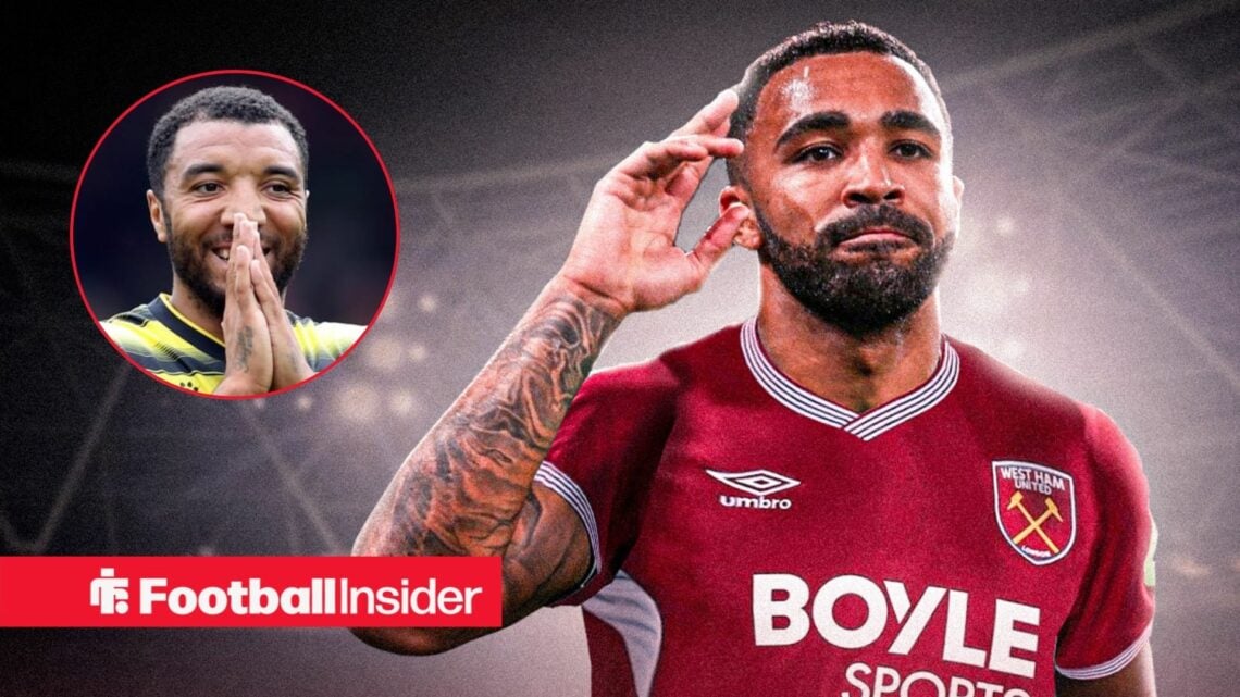 A headshot of Troy Deeney in a circular frame alongside West Ham United striker Callum Wilson