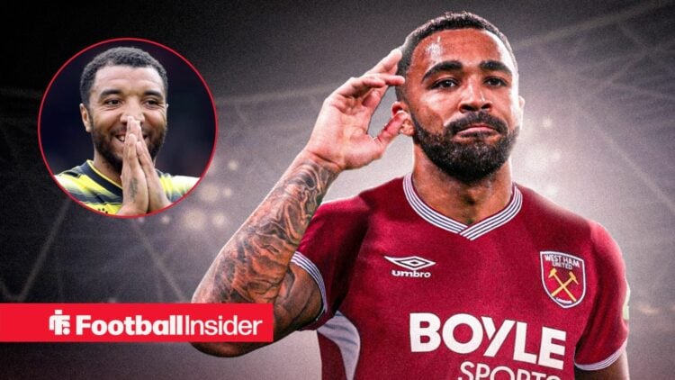 A headshot of Troy Deeney in a circular frame alongside West Ham United striker Callum Wilson